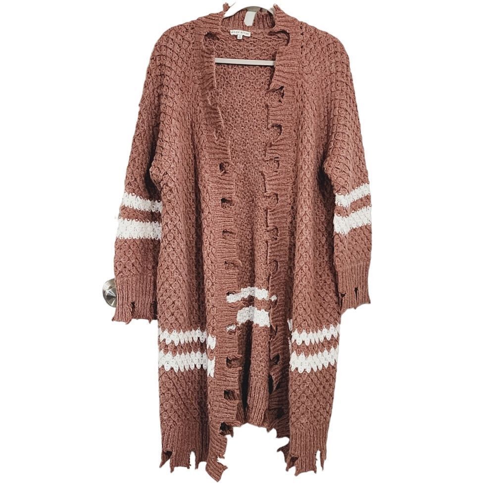 Moon River mauve & white distressed open front cardigan SZ M